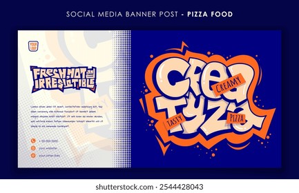 Banner template in simple mural blue white background for fast food advertisement. Pizza street food template design