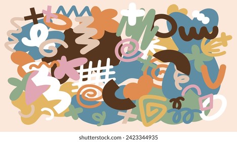 Plantilla de banner con puntos simples de varias formas. Elementos coloreados dibujados a mano para el diseño. Leer al estilo del graffiti. Ilustración vectorial aislada entre sí en un fondo de color.