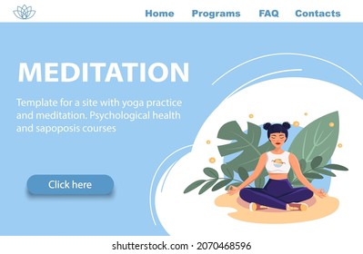 banner template for the site of yoga and meditation lessons The girl sits in nature and meditates.