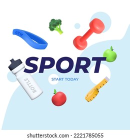 Banner template with skipping rope. Sports 3d elements, a bottle of water, a kettlebell, an elastic band for sports.