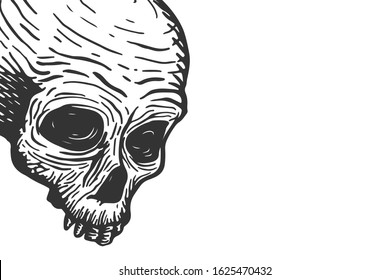 Banner template with skull of a dead man and place for text on a white background. Vector hand drawing illustration