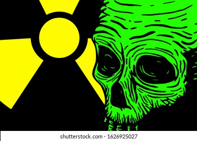 Banner template with skull of a dead man and place for text, with a warning about radiation and toxicity. Vector hand drawing illustration