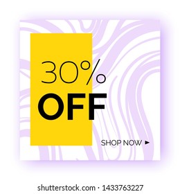 Banner, template for social media post promotion. Geometric square background with text space, abstract elements, purple and yellow color. Sale, discount promo, email, newsletter layout set
