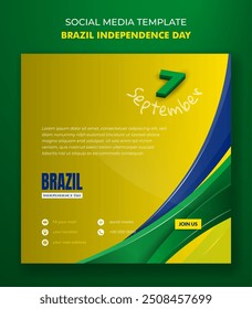 Modelo de banner para pós-design de mídia social com fundo amarelo e design de formas 3d ondulando no brasil bandeira cor. Dia da Independência do Brasil