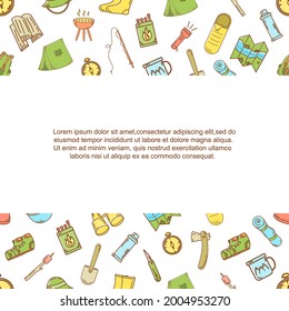 Banner template with space for text. Banner for summer camp adventure with hiking equipment, camping, hiking, trekking in nature. Summer camp for children. Vector illustration.
