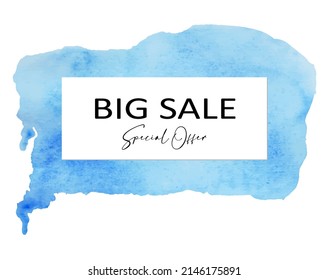 La plantilla de banner de la oferta especial de la gran venta es un banner azul. Fondo de las acuarelas abstractas. Diseño acuarela a la venta. Ilustración vectorial.