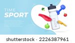 Banner template with Sports 3d elements, a bottle of water, a kettlebell, an elastic band for sports.