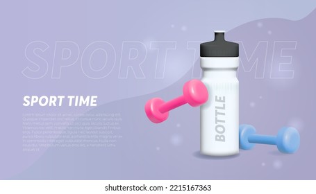 Banner template with Sports 3d elements, a bottle of water, a kettlebell, an elastic band for sports.