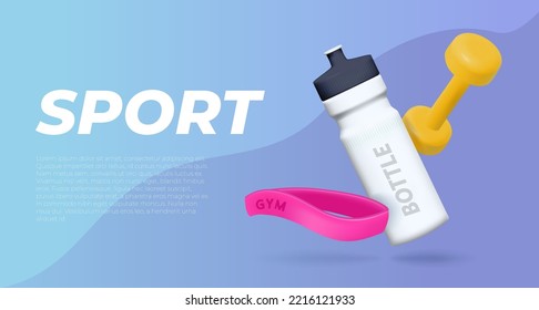 Banner template with Sports 3d elements, a bottle of water, a kettlebell, an elastic band for sports.