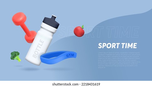 Banner template with Sports 3d elements, a bottle of water, a kettlebell, an elastic band for sports.