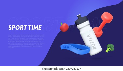 Banner template with Sports 3d elements, a bottle of water, a kettlebell, an elastic band for sports.