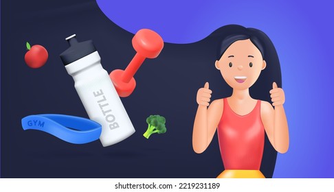 Banner template with Sports 3d elements, a bottle of water, a kettlebell, an elastic band for sports.