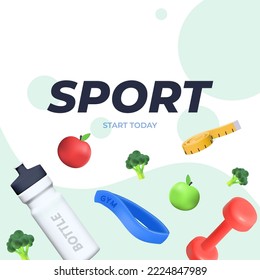 Banner template with Sports 3d elements, a bottle of water, a kettlebell, an elastic band for sports.