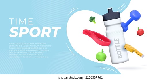 Banner template with Sports 3d elements, a bottle of water, a kettlebell, an elastic band for sports. - Shutterstock ID 2226387961