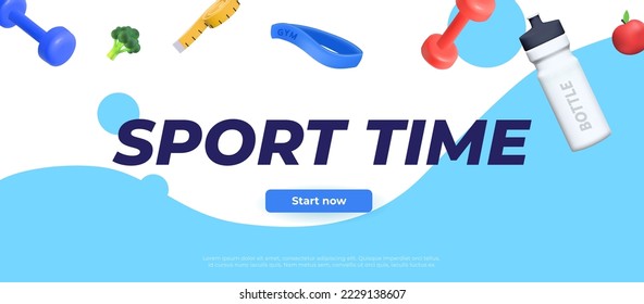 Banner template with Sports 3d elements, a bottle of water, a kettlebell, an elastic band for sports.