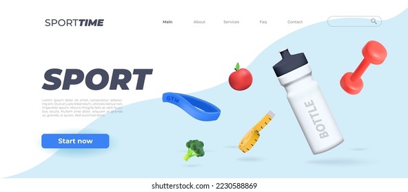 Banner template with Sports 3d elements, a bottle of water, a kettlebell, an elastic band for sports.