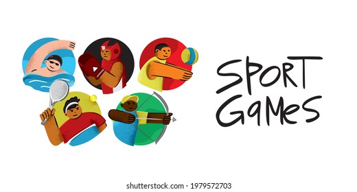 Banner template for sports competitions. Set by athlete with symbols of sports games isolated on white. Emblems of outdoor activities. Poster, card for children's competitions. Vector illustration.