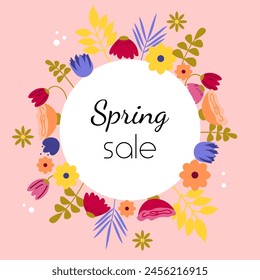 Banner template, spring bright flowers and plants arranged in a circle. There is a white circle in the middle for text. Inscription spring sale