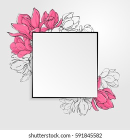Banner template with square paper with black border and delicate sketch magnolia flowers. 