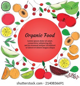 Banner template or stickers with whole and pieces of fruit drawn hand. Cute Organic and healthy food restaurant. A composition of Fruit Elements with a place for your text.