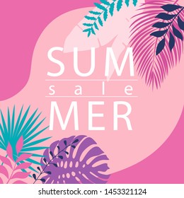 Banner template summer sale with silhouettes tropical leaves. Vector illustration