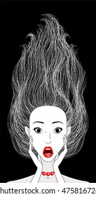 ?onceptual banner template surprised frightened girls face with open mouth, young beautiful woman, vector illustration
