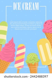 Banner template for sweet ice cream shops. Page for children's menu, cafe, posters, cards, cafeteria advertising. Vector illustration in flat style.