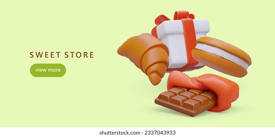 Banner template for sweets shop, confectionery. Concept of online advertising with button. 3D cookie, croissant, chocolate bar, gift box. Served pastries, desserts for party