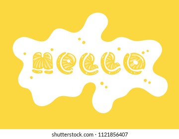 Banner template with the text "Hello" typed by cute juicy lemon font. Flat vector illustration with citrus lettering surrounded by splashes of lemonade. Colorful design for poster or advertizing. 