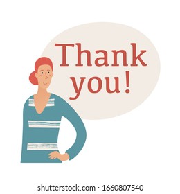 Banner template with Thank You text, lettering and shoulder portrait of pretty woman wearing striped dress and hair bun, smiling in gratitude, flat cartoon vector illustration on white background