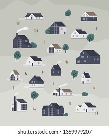 Banner template with town district with country cottages of modern Scandinavian architecture and walking people. Background with suburban living buildings or real estate. Flat cartoon vector illustration.