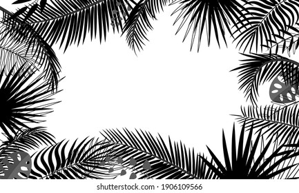 Banner template with tropical leaves, palm branches, monstera. Tropical poster with black outline drawing on a white background. Floral border, jungle concept, frame with place for text. Vector plant