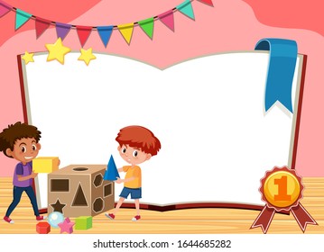 Banner template with two boys playing blocks in the room illustration