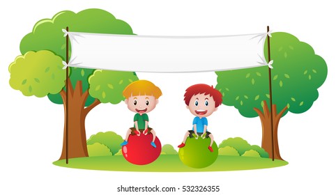 Banner template with two kids on big balls