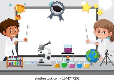 Banner Template With Two Kids Working In Science Lab At School Background Illustration