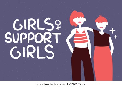 Banner template. Two young women, girls or feminists standing together with hand drawn lettering. Unity, sisterhood and feminism.