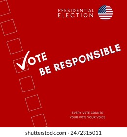 Anuncio Plantilla para las elecciones presidenciales de Estados Unidos. Día de elecciones. Afiche electoral. Vote 2024 en Estados Unidos. Vota. Todas las voces importan. Campaña de Elecciones Presidenciales 2024. Debate de EEUU sobre la votación del presidente 2024