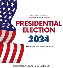 Anuncio Plantilla para las elecciones presidenciales de Estados Unidos. Día de elecciones. Afiche electoral. Vote 2024 en Estados Unidos. Vota. Todas las voces importan. Campaña de Elecciones Presidenciales 2024. Debate de EEUU sobre la votación del presidente 2024