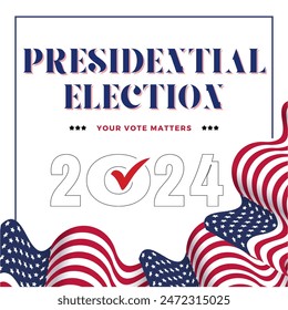 Anuncio Plantilla para las elecciones presidenciales de Estados Unidos. Día de elecciones. Afiche electoral. Vote 2024 en Estados Unidos. Vota. Todas las voces importan. Campaña de Elecciones Presidenciales 2024. Debate de EEUU sobre la votación del presidente 2024