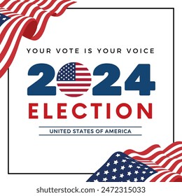 Anuncio Plantilla para las elecciones presidenciales de Estados Unidos. Día de elecciones. Afiche electoral. Vote 2024 en Estados Unidos. Vota. Todas las voces importan. Campaña de Elecciones Presidenciales 2024. Debate de EEUU sobre la votación del presidente 2024