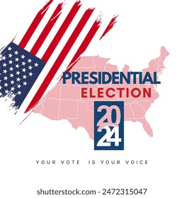 Anuncio Plantilla para las elecciones presidenciales de Estados Unidos. Día de elecciones. Afiche electoral. Vote 2024 en Estados Unidos. Vota. Todas las voces importan. Campaña de Elecciones Presidenciales 2024. Debate de EEUU sobre la votación del presidente 2024