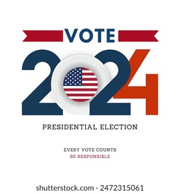 Anuncio Plantilla para las elecciones presidenciales de Estados Unidos. Día de elecciones. Afiche electoral. Vote 2024 en Estados Unidos. Vota. Todas las voces importan. Campaña de Elecciones Presidenciales 2024. Debate de EEUU sobre la votación del presidente 2024