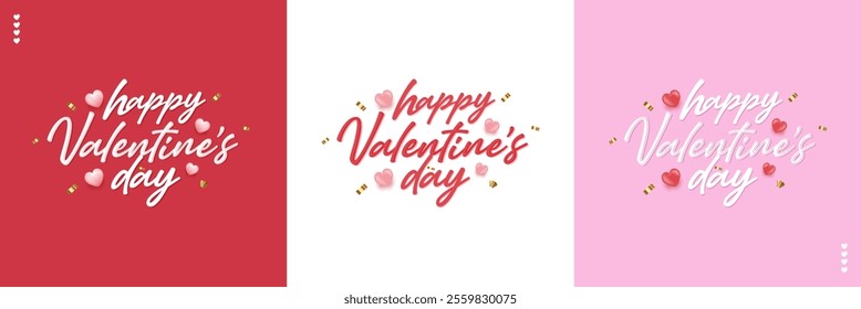 Banner template for Valentine's day with handwritten style and heart decoration, on red, white and pink background