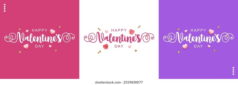 Banner template for Valentine's day with handwritten style and heart decoration, on pink, white and purple background