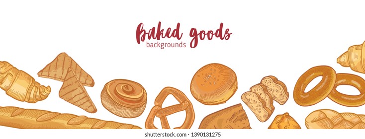 Banner template with various types of breads, delicious natural baked goods or sweet homemade pastry. Realistic hand drawn vector illustration in elegant vintage style for products advertisement.