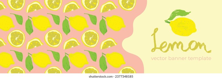 Banner-Vorlage mit Vektorfarbenlemon nahtloses Muster. Zitrusfrüchte-Hintergrund auf rosafarbenem Hintergrund. Illustration von handgezeichneten Zitronen. Zitronenemblem mit grünen Blättern. Botanisches Stoffmuster.