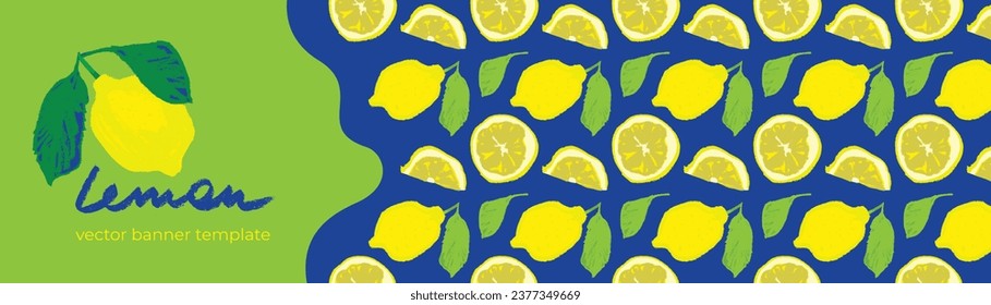 Banner template with vector color lemon seamless pattern. Citrus fruit backdrop on green background. Hand drawn lemons illustration. Lemon emblem with green leaves. Botanical fabric pattern.