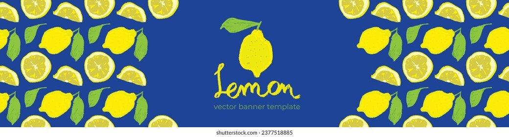 Plantilla de banner con un patrón limón de color vectorial sin fisuras. Fondo de cítricos con fondo azul oscuro. Ilustración de limones dibujados a mano. Emblema de limón con hojas verdes. Patrón de tejido botánico.