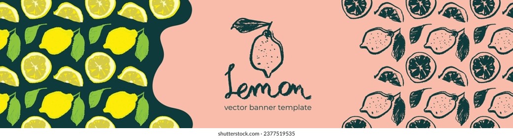 Banner template with vector color lemon seamless pattern. Citrus fruit backdrop on pink background. Hand drawn lemons illustration. Lemon emblem with green leaves. Botanical fabric pattern.
