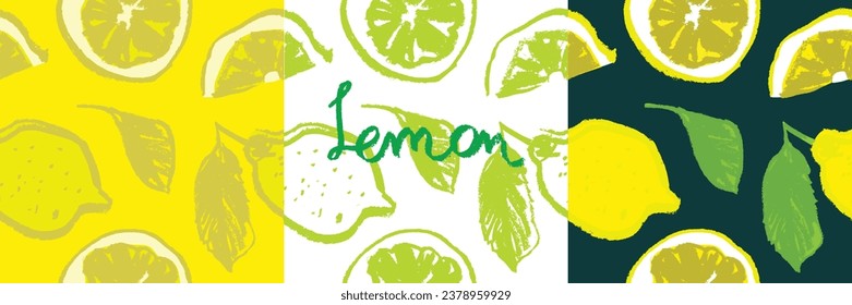 Banner template with vector color lemon seamless pattern. Citrus fruit backdrop on color background. Hand drawn lemons illustration. Lemon emblem with green leaves. Botanical fabric pattern.